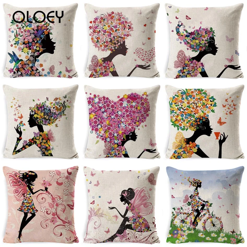 Cushion Cover Fairy Printing Cushion Cover Linen Cotton 45 * 45 CM Pillow Cushion Cover Home Decoration Hotel Decoration  ..
