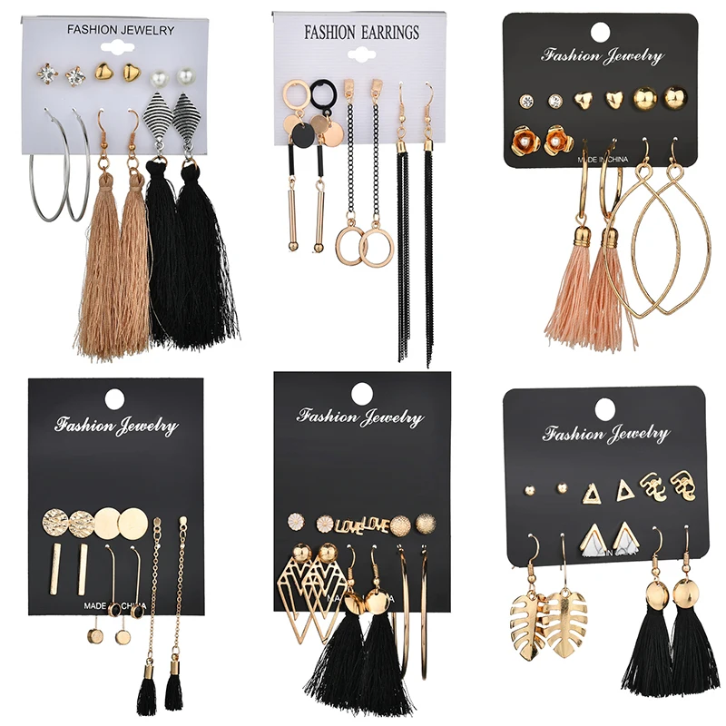 

Tassel Bohemia Leaf Heart Stud Earring Set 6 Design Long Tassel Earrings for Women Fashion Jewelry Christmas Gifts Stud