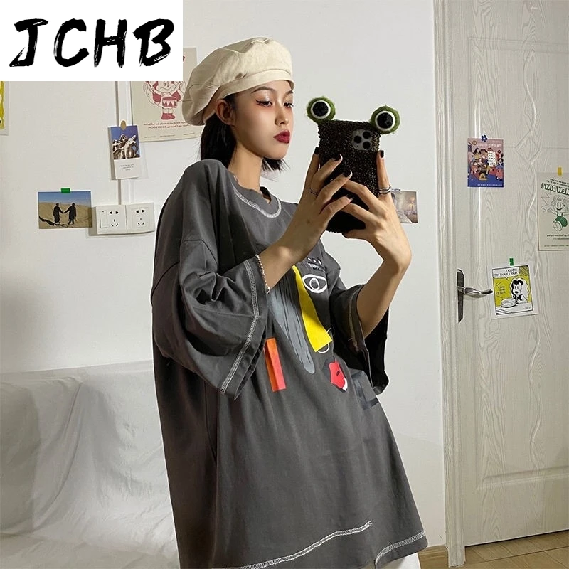 

2021 Korean Womens Top T-shirt Short-sleeved Summer Preppy Women Tees Printing Tshirt Student Oversized Cartoon O-neck Young t S