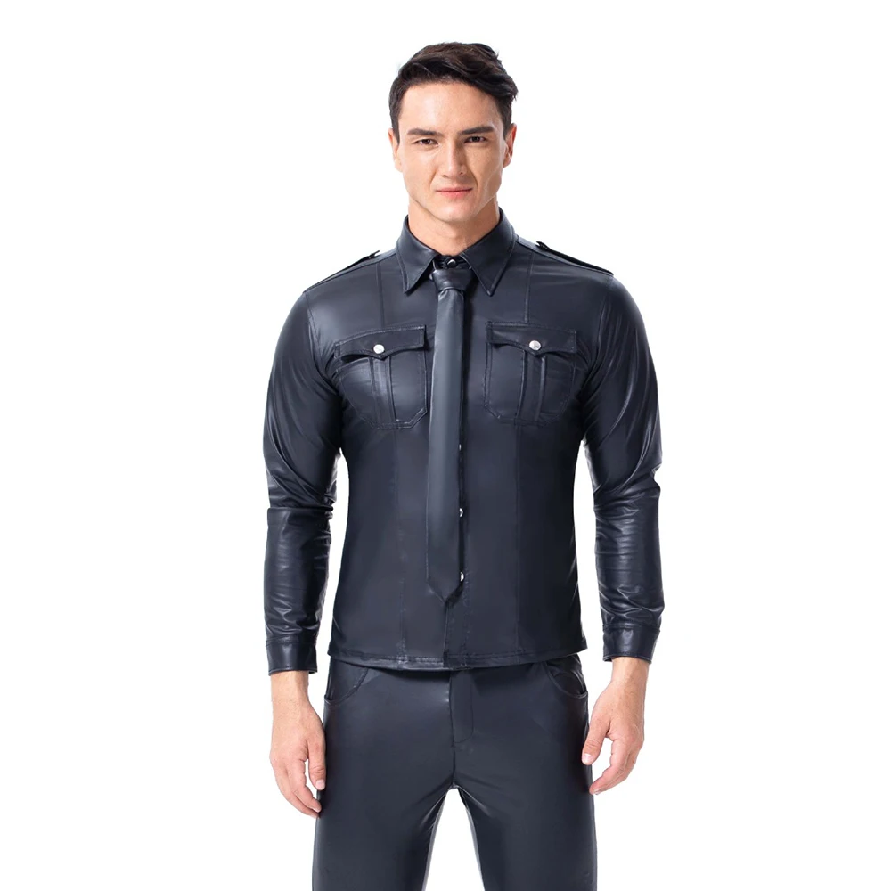 Латексные мужские Мальчики Футболка из латекса футболки кожи отложной воротник