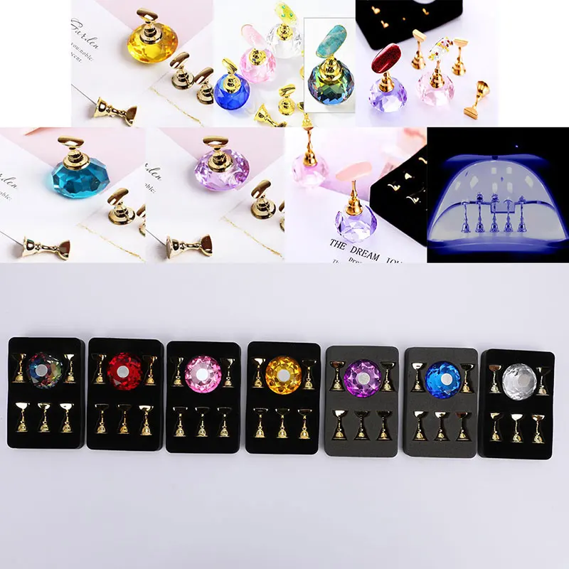 

1Pc Magnetic Nail Holder + 5 Tips Practice Training Display Stand Crystal Holders Alloy False Nails Showing Shelf Manicure Tools