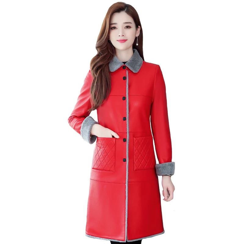 

Autumn Winter Women Fur Leather Long Coat Leather Fur Jacket Women Coats High Quality Warm Soft Lamb Fur Outerwear