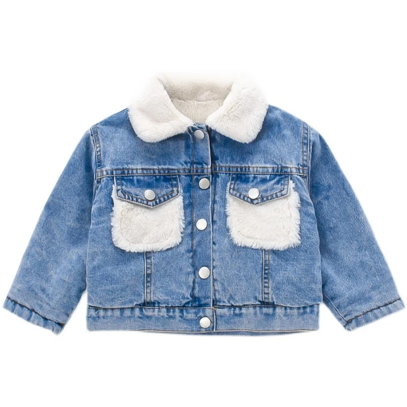 

Toddler Baby Denim Jacket for Girl Fleece Thicken Warm Lapel Coat Autumn Winter New Solid Patchwork Kids Clothes Boys 1-6 Years