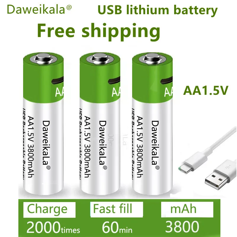 Литий-ионная батарея аа с быстрой зарядкой 1 5 в емкость 3800 мАч USB перезаряжаемая