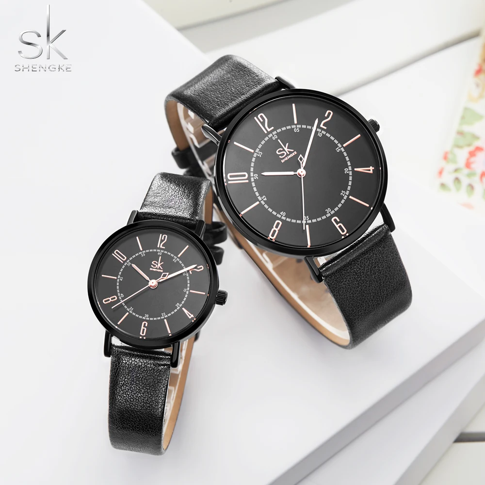 Shengke Couple Watch Set Men's Ladies Wrist Watches Analog Brown Fashion Simple Leather Strap Valentine Love Birthday Gifts