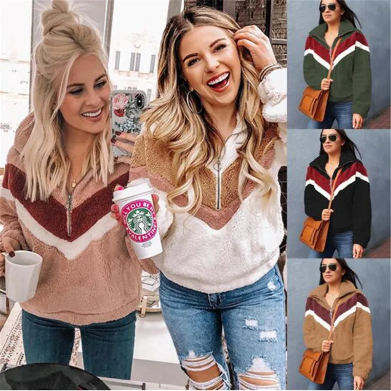 

Women Fleece hoodie Casual Sweatshirt Patchwork Zip Faux Fur Oversized Pullovers Winter Fluffy warm Hoodie Female Plus Size 2020
