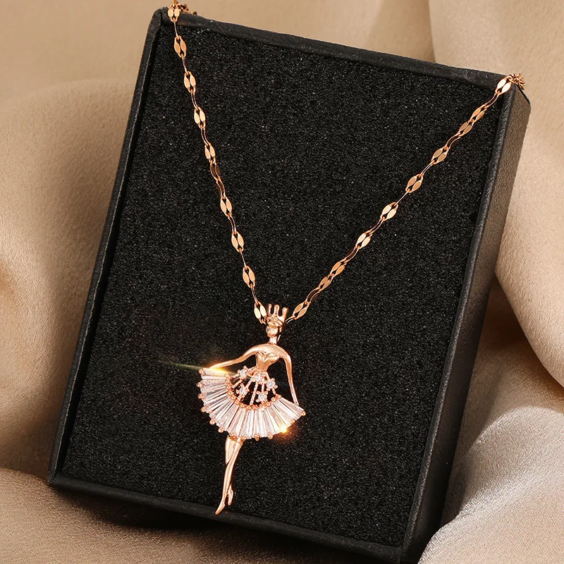 Sweet Elegant Ballerina Girl Crystal Zircon Pendant Necklaces For Women Korean Fashion Ladies Sexy Stainless Steel Jewelry Gift