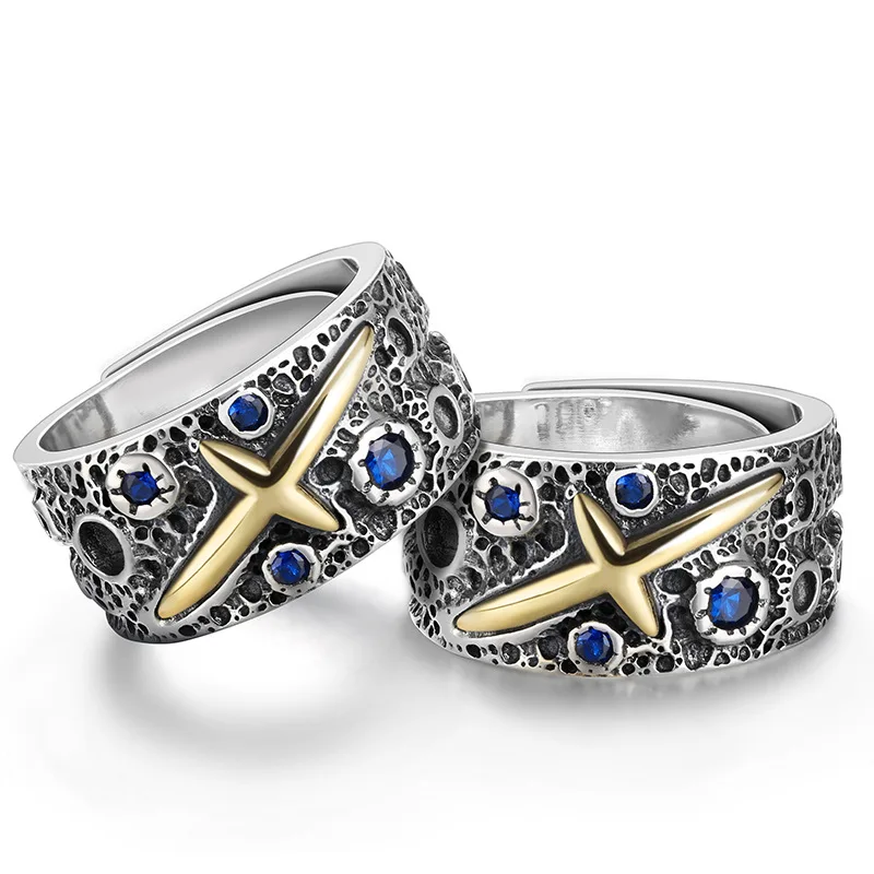

New Star Blue Men's Ring Silver Domineering Trendy Men's Personality Thai Silver Retro Opening Widening Korean Trendy Men