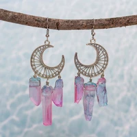 high quality rainbow quartz crescent dangle earrings bohemian gothic witch moon phase celestial jewelry gift