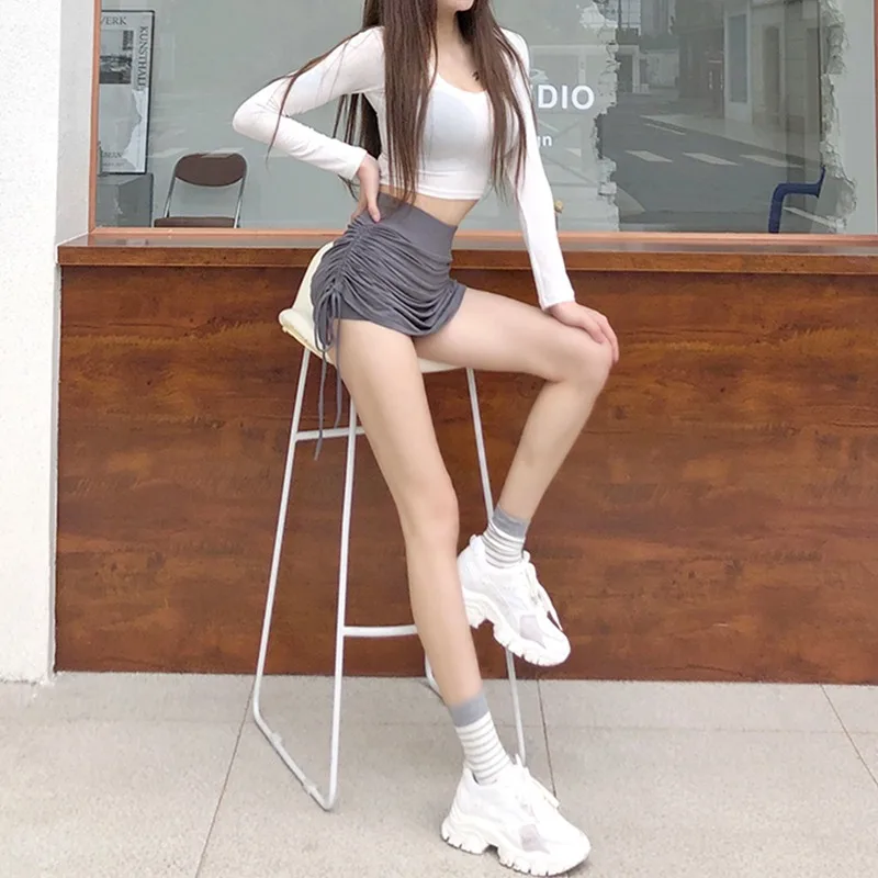 

CX 2021 New Summer Women Miniskirt Shorts Western Style Sexy Cozy Package Hip Skirt High Waist Drawstring Fold Short Skirt