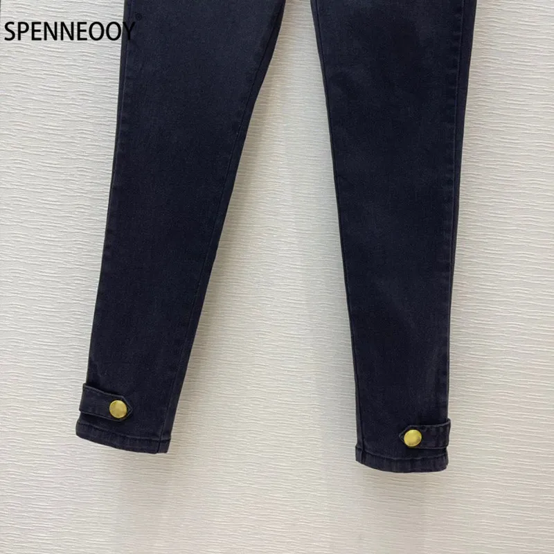 SPENNYMOOR 2021 Designer Brand High-End Custom Black Denim Pencil Pants Women Golden Buttons Elastic Ankle-Length Pants
