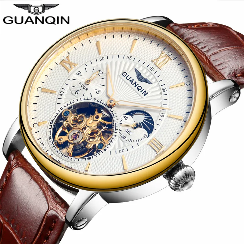 2019 модные GUANQIN мужские часы Топ Бренд роскошные с скелетом спортивные кожаные