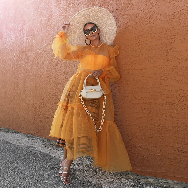 

2020 New Trend Orange Tulle Dresses For Women Ankle Length Party Gowns Jewel Puff Long Sleeve Ruffles Streetwear Zipper Back