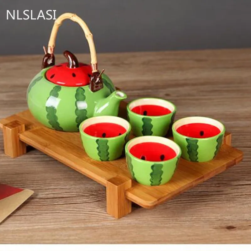 

5 шт./компл. керамический чайный набор в китайском стиле дорожная посуда для чая с арбузом чайные чашки изысканный фарфоровый чайник домашня...
