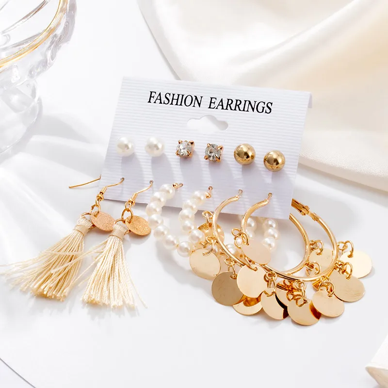 

Fashion Women's Earrings Set Pearl Tassel Earrings for Women Vintage Bohemian Geometric Fabric Drop Earring 2021 Female Jewelry