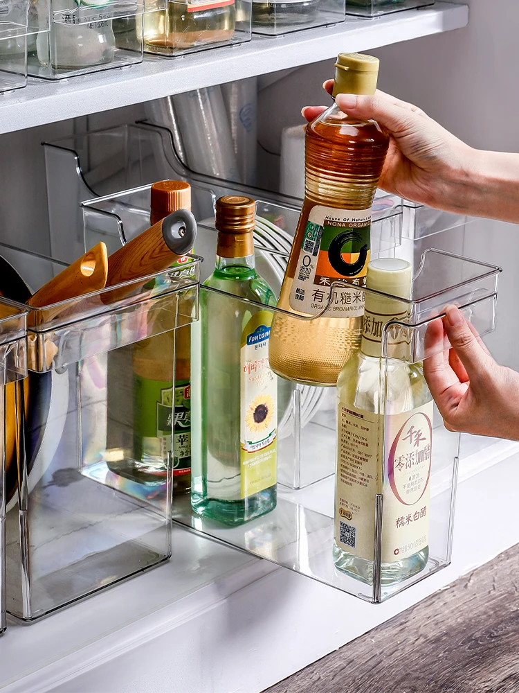 

Transparent Kitchen Tableware Storage Countertop Organizer Plastic PotLid Rack with Pulley Beer Drink Red Wine Stackable Cabinet