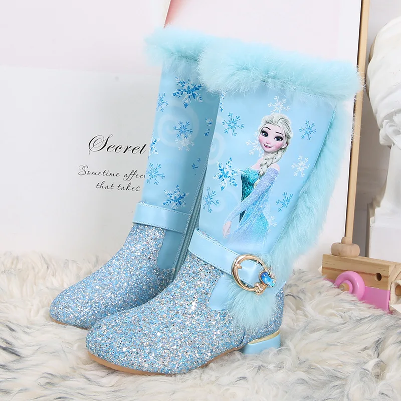Frozen Princess Elsa Child Girl Baby High-heeled Boots Autumn Winter High Top Plush Snow Boots Keep warm Boots