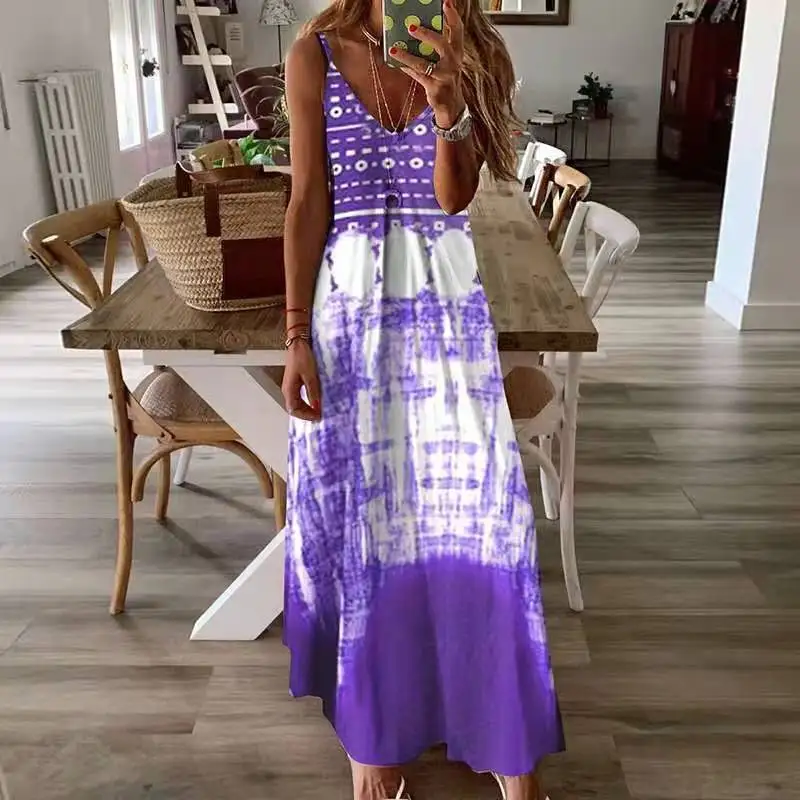 

WEPBEL Dress Women's Casual Tie-Dye Floral Print Dress Summer Fashion High Waist V-neck Spaghetti Strap Loose Dress