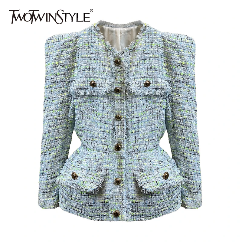 

TWOTWINSTYLE Hit Color Tweed Jacket For Women V Neck Long Sleeve Tunic Temperament Jackets Female Fashion New Clothing Clothing