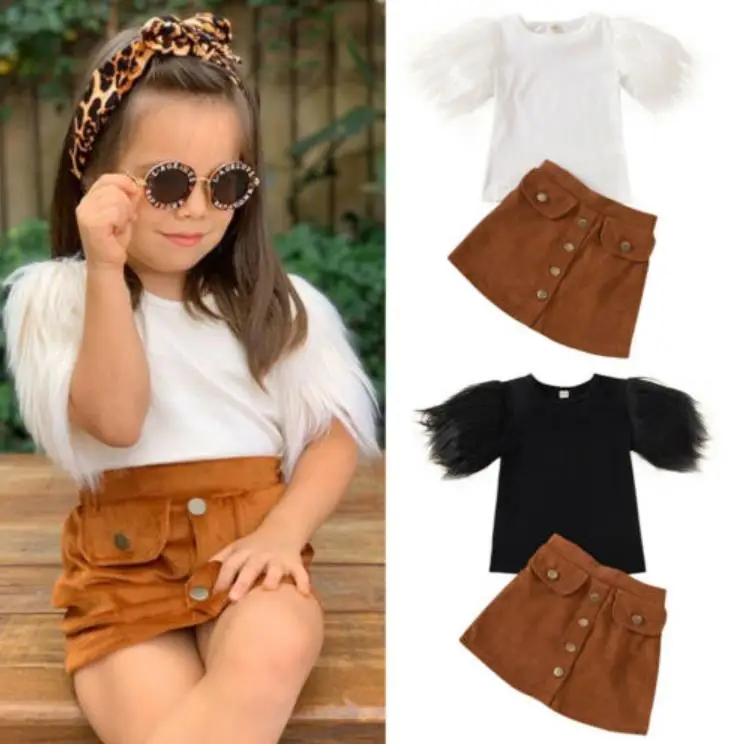 

Toddler Kid Girls 2Pcs Fashion Outfits Feather Sleeve Round Neck Top Brown Buttons Skirt Clothes Sets For Girls Outfit