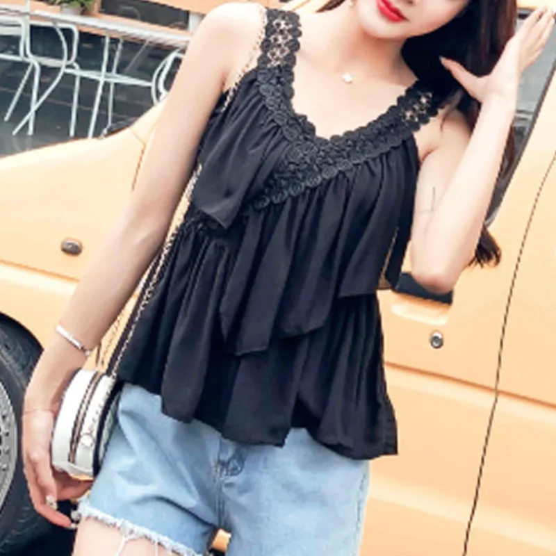

Fashion Women Tank Crop Tops Black Lace Sexy Attractive Chic Sweet Popular Cute Lovely V-neck Casual Ruffles Female Camis