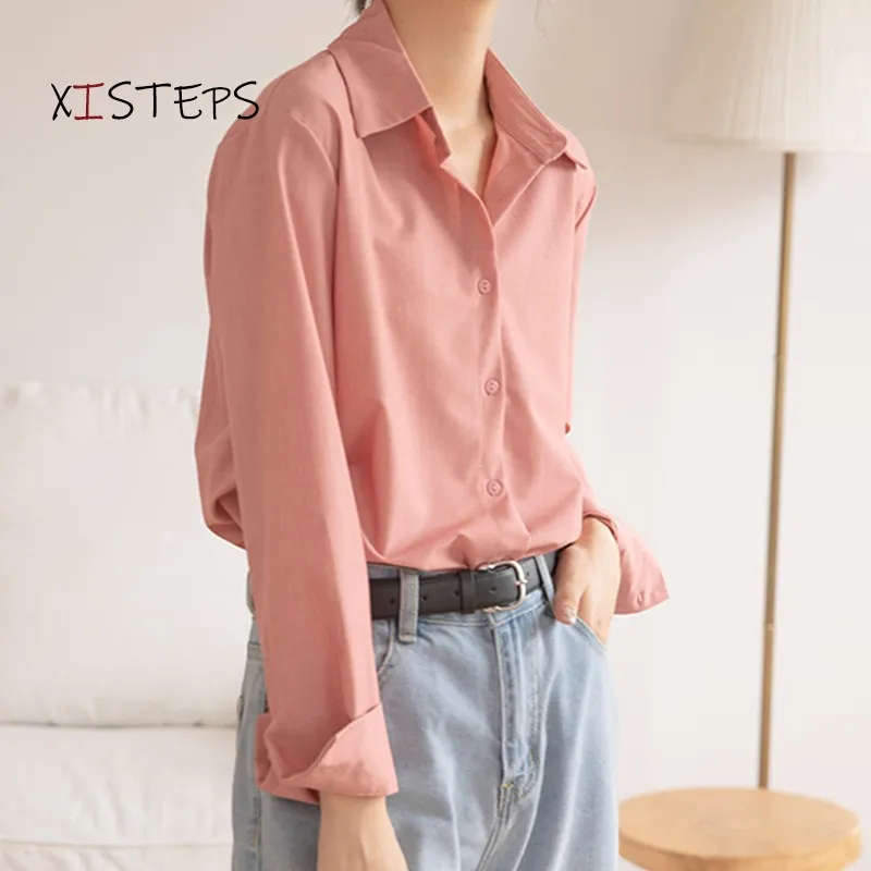 Pink White Chiffon Shirts Women 2021 Loose Blouses For Ladies Office Work Wear Tops Button Up Clothes OL Loose Blouse Femme