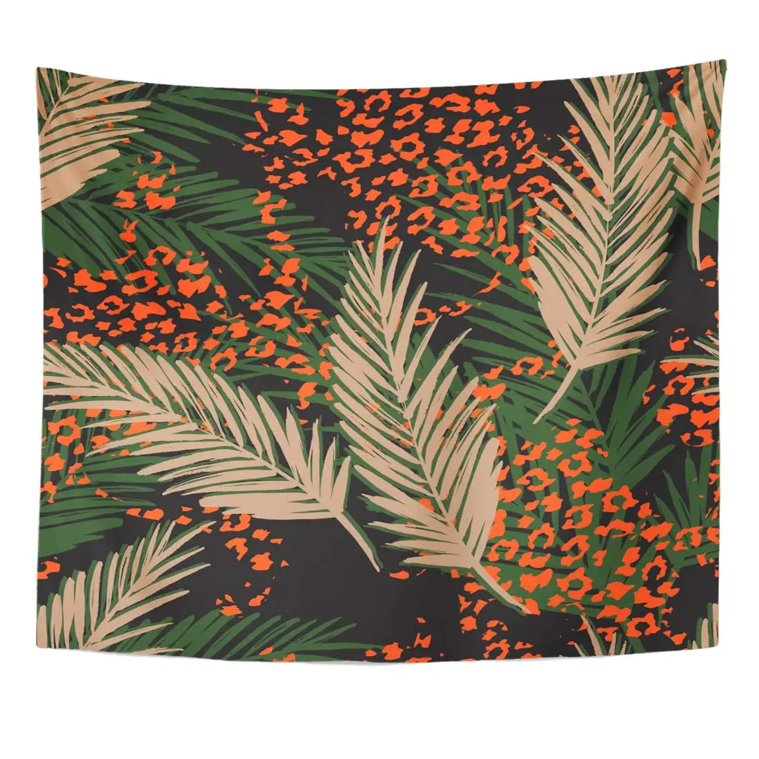 

Watercolor Leopard Green Botanical Exotic Pattern with Palm Leaves and Animal Drawing Hawaii Tapestry Home Decor Wall Hanging
