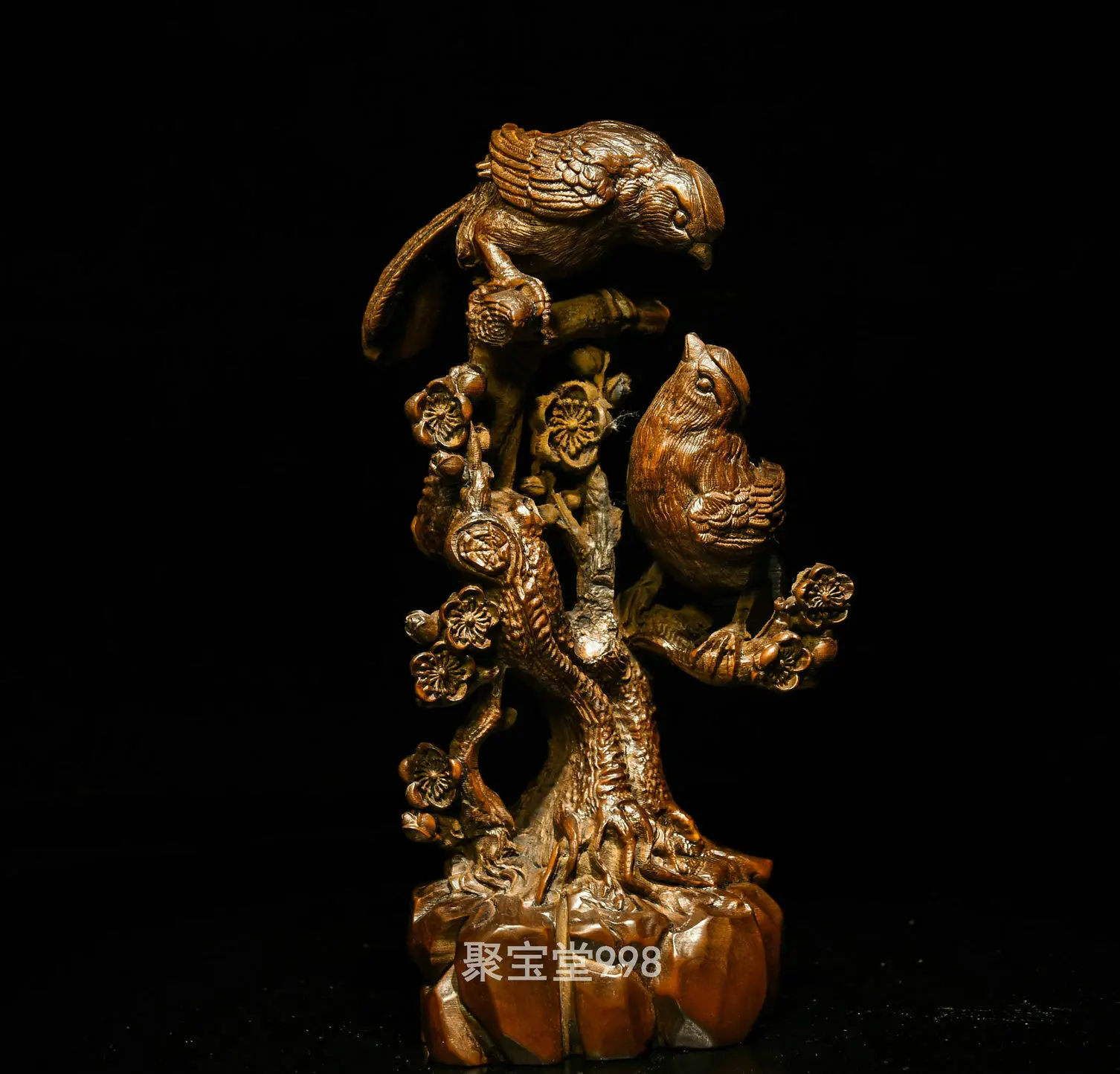 

wedding decoration 7" Old China Folk FengShui Boxwood Wood Carved Lucky Bird Magpie On plum Statue