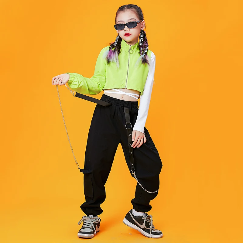 

Hip Hop Clothing Girls Street Dancewear Crop Tops Black Hiphop Pants Jazz Concert Performance Costume Rave Clothes Kids DNV15713