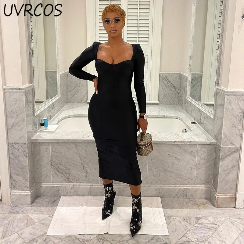 

Elegant Back Split Stretchy Square Collar Solid Maxi Dress Women Early Autumn Slim Long Sleeve Sexy Body Cleavage Female Dresses