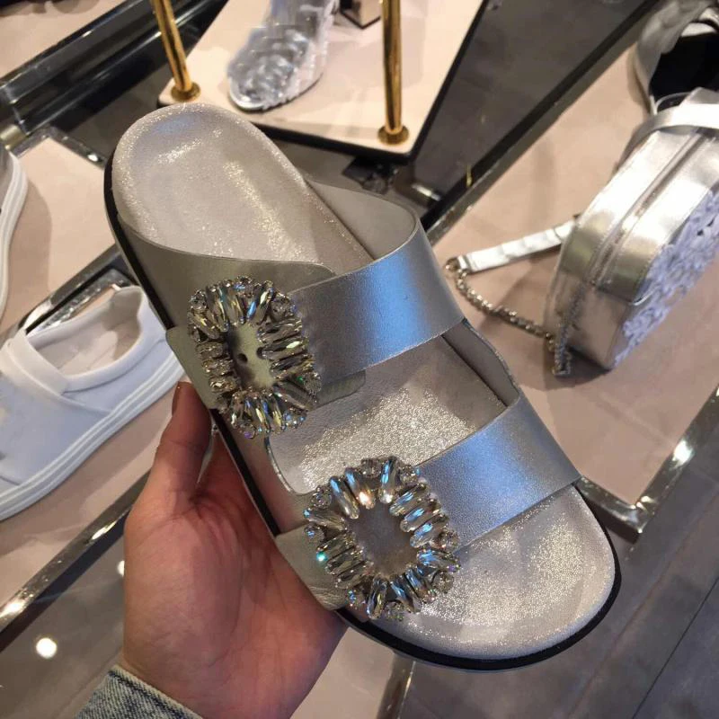 Шлепанцы женские со стразами сланцы пляжные сандалии на плоской подошве