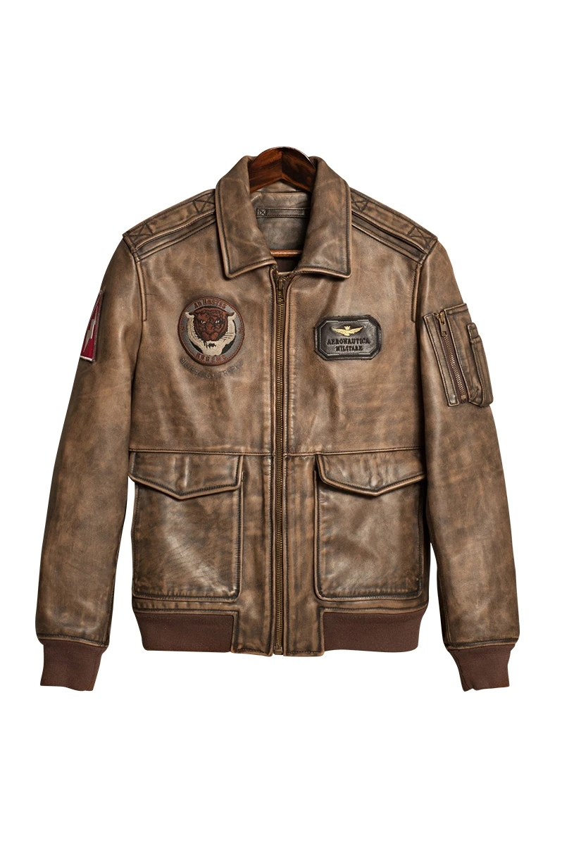 

American A2 flight men's vintage genuine jacket with tiger embroidery aviator real cow leather coat men