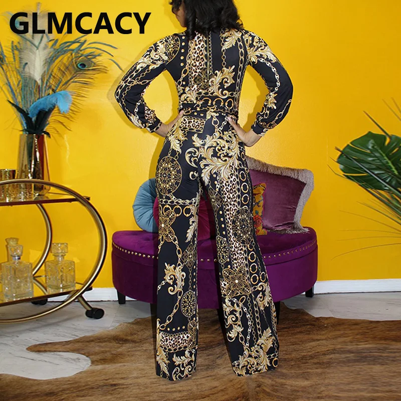 

Women Long Sleeve Chain Printed Vintage Jumpsuit Classy Wide Leg Long Pants Overalls