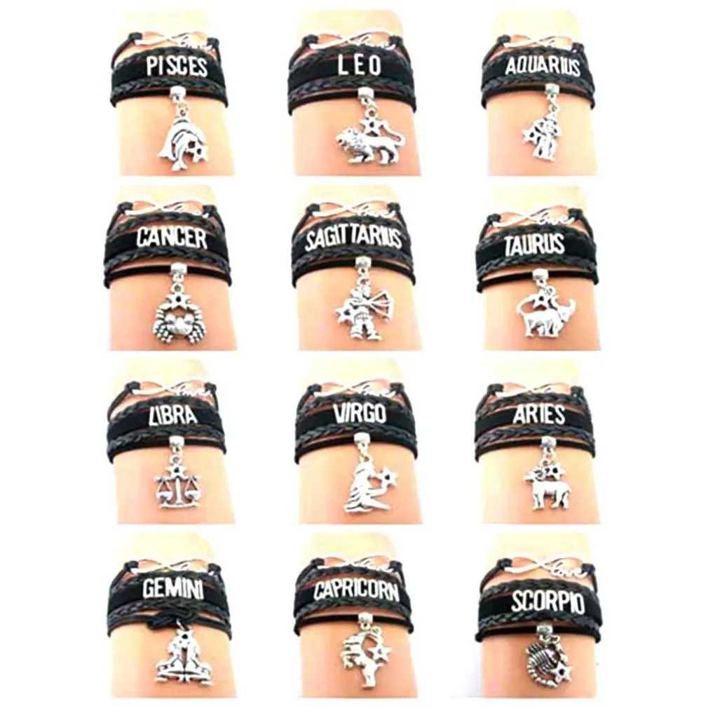12 Созвездие кожаные браслеты унисекс Знак зодиака ручной работы Винтаж