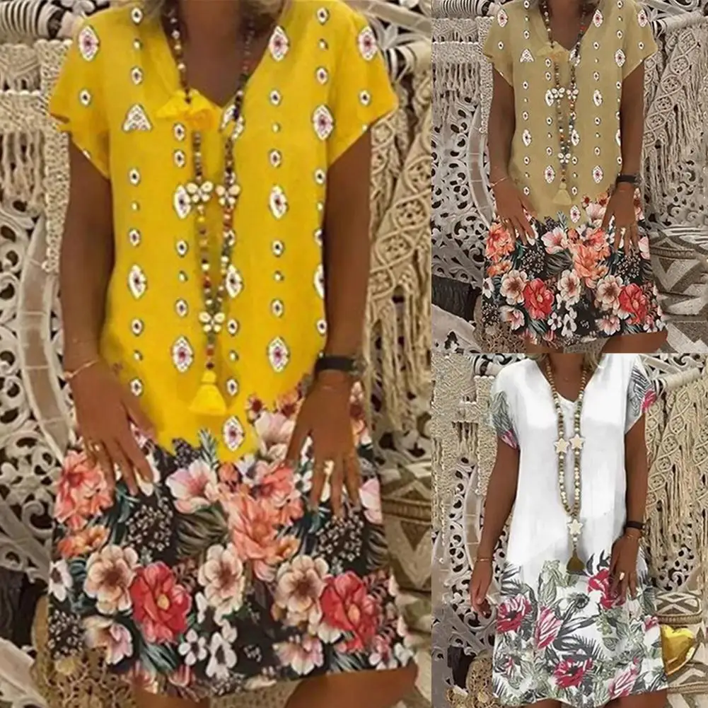 Женское винтажное платье до колен свободное с коротким рукавом V-образным