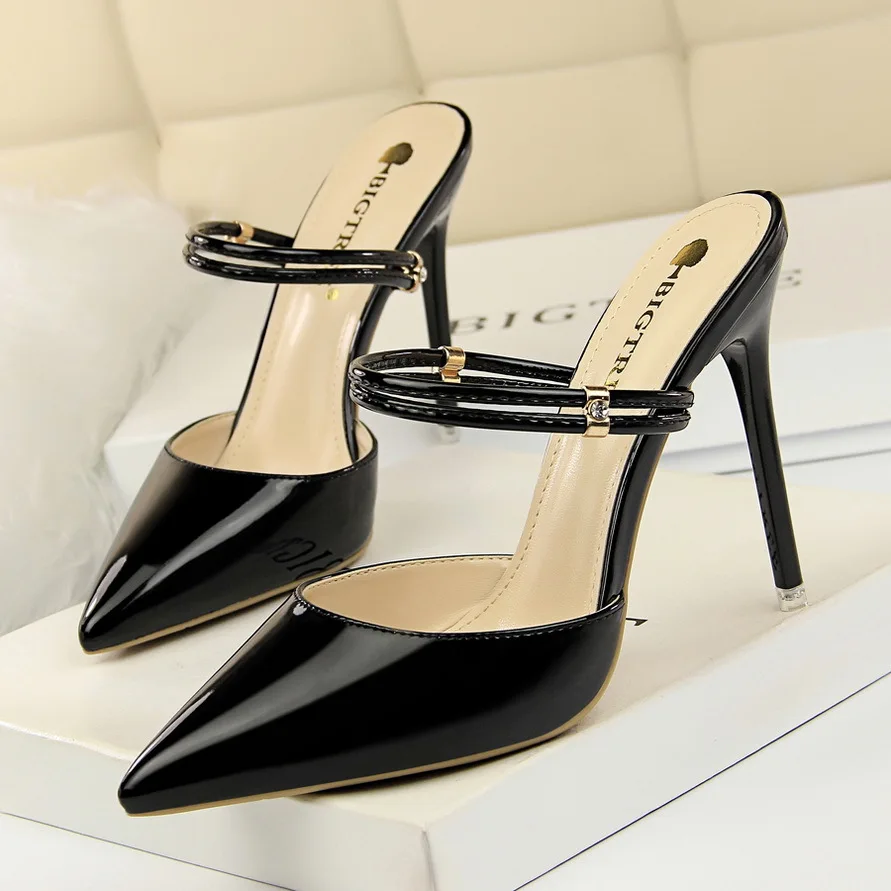 

10.5CM PUMPS Fashion metal stiletto high heel sexy thin shallow mouth pointed rhinestone buckle word with women's shoes