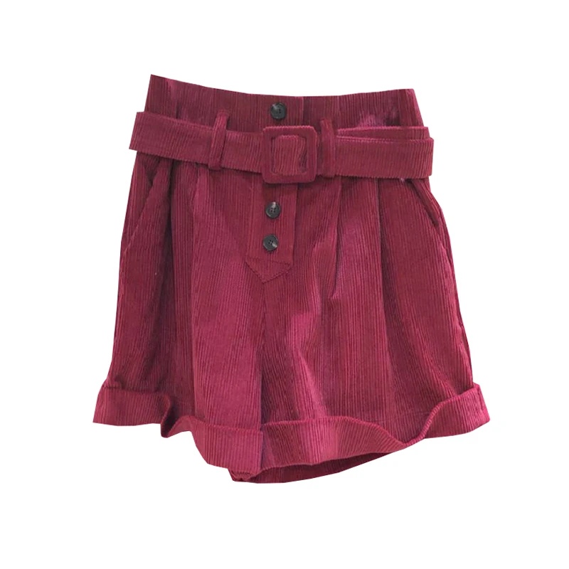 

2021 Spring Autumn Women Shorts Korean Belt Single Breasted High Waist Bottoms Causal Wide Leg Short Feminimos
