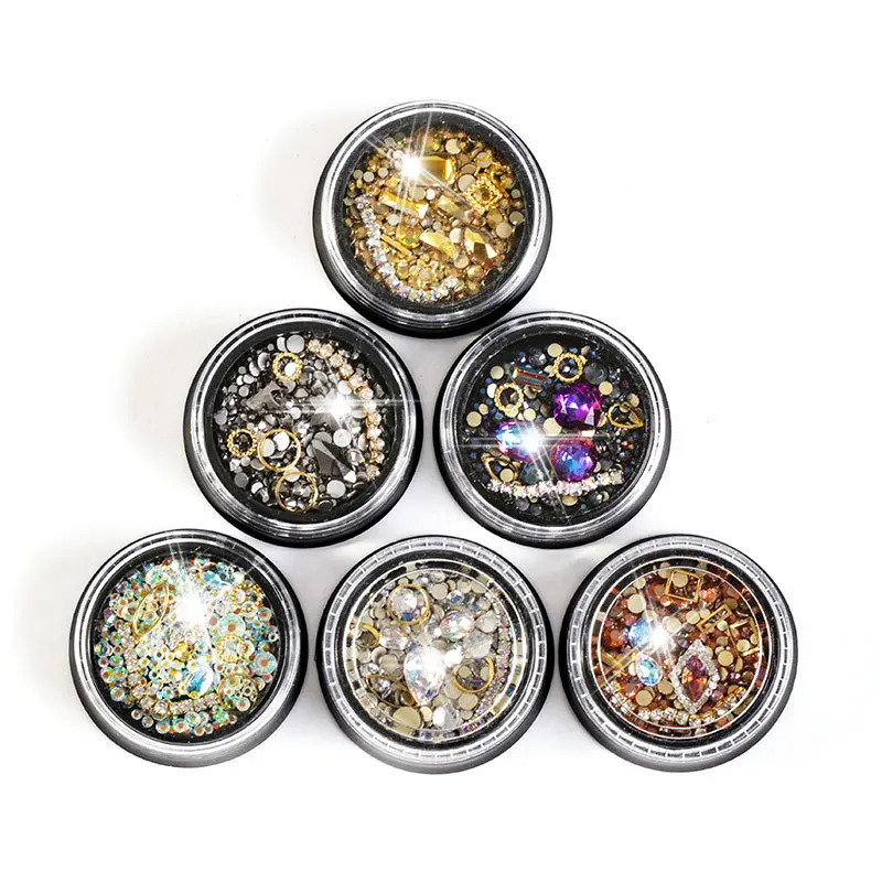 

1 Box Irregular Gold AB Crystal Zircon Nail Rhinestones Gems Mix Class Beads Studs Metal Rivets Nail Accessories