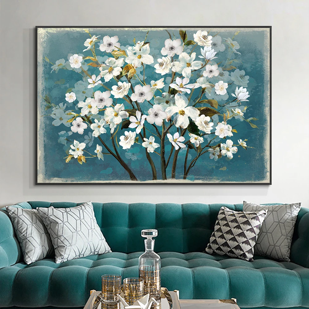 

White Flower Oil Painting on Canvas Wall Art Picture Nordic Still Life Posters and Prints for Living Room Home Decor Unframed