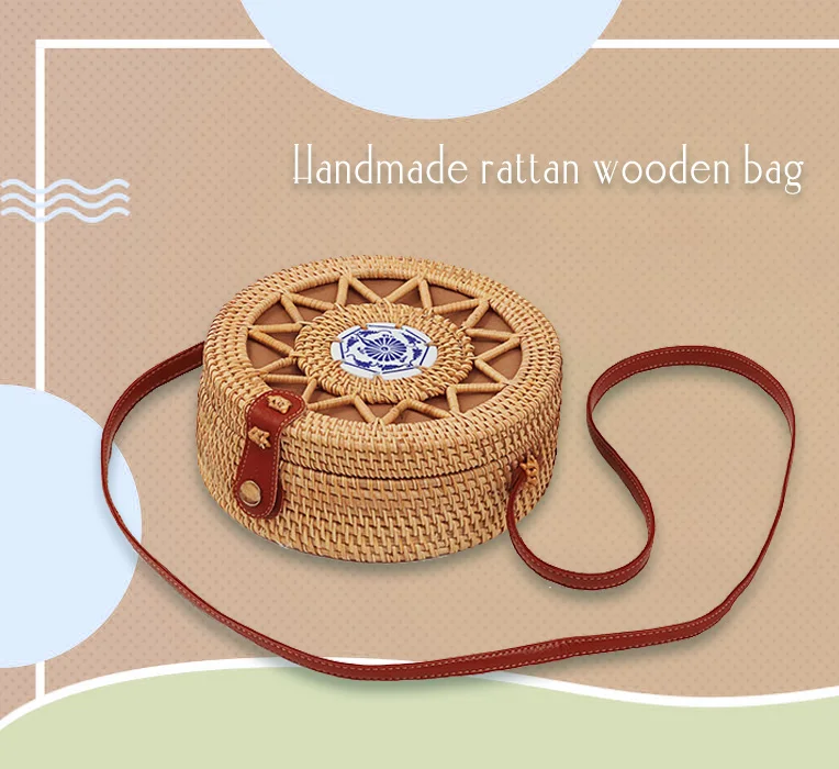 Круглая соломенная сумка через плечо в винтажном стиле женская летняя из ротанга