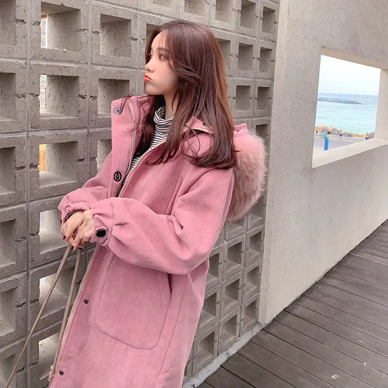 Женская Вельветовая куртка с меховым воротником капюшоном|Женские парки| |