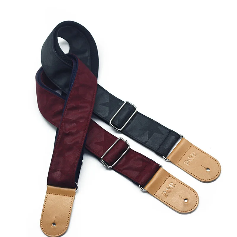 

Solid Color Cotton Guitar Strap Ventilation Soft Bass Adjustable Shoulder Belt with Leather Ends for Folk Electric Guitar