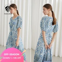fansilanen office lady puff sleeve chiffon floral v neck zipper dress gentle style french long skirt women 2021 summer new