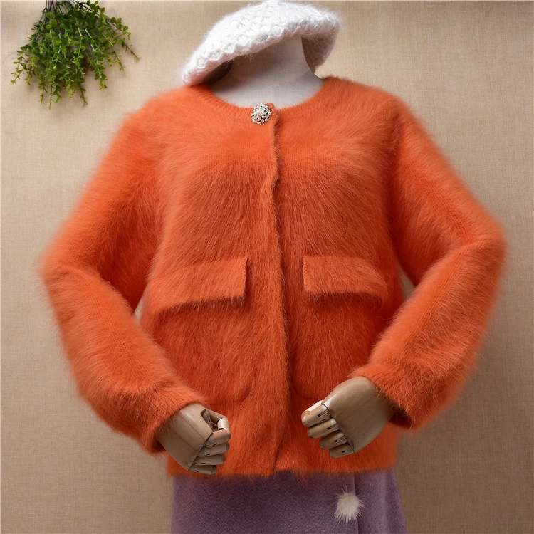 

female women Autumn Winter hairy plush mink cashmere knitwear long sleeves short orange cardigans angora fur jacket coat sweater