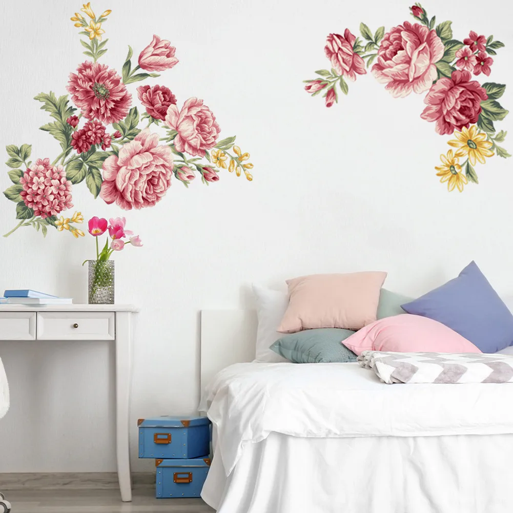 

1pc Peony Rose Flower Wall Sticker Living Room Home Background DIY Decal Living Room Kitchen Decoration Big Deal