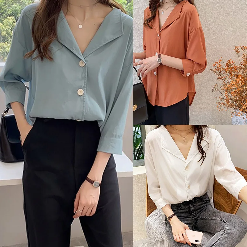 

Women Blouse Summer Simple Solid V-Neck Three Quarter Sleeve Button Up Loose Chiffon Blouse 2019