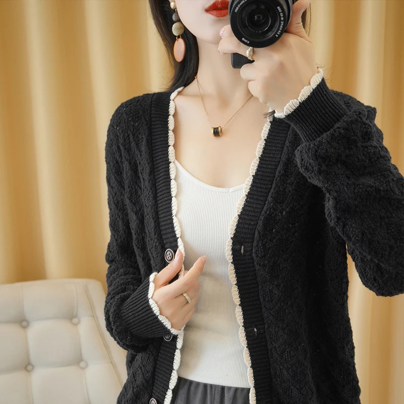 

Zocept Spring Autumn Women's Sweater Casual Cotton Knitted V-Neck Cardigans Loose Full Sleeve Outer Sweater Lace Argyle Jackets