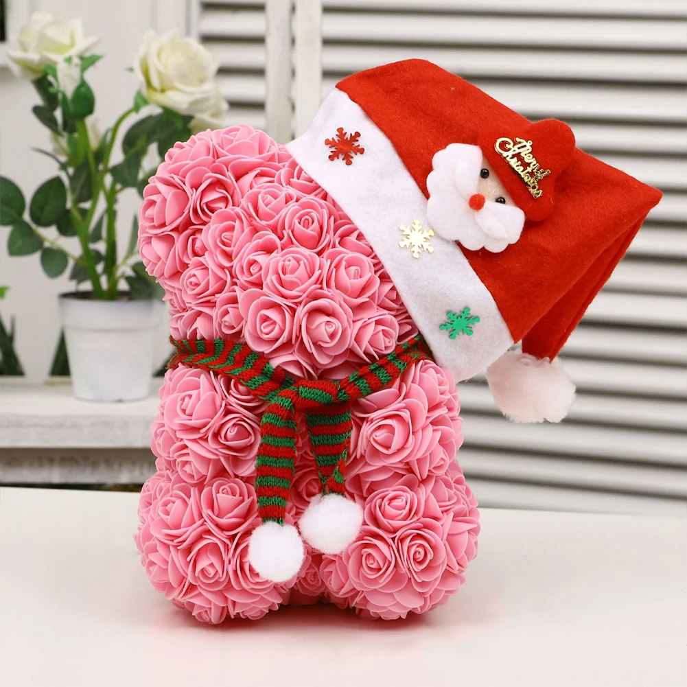 

25cm Christmas Foam Bear Of Roses Bear Rose Flower Artificial New Year Gifts For Women Valentines Gift Wine