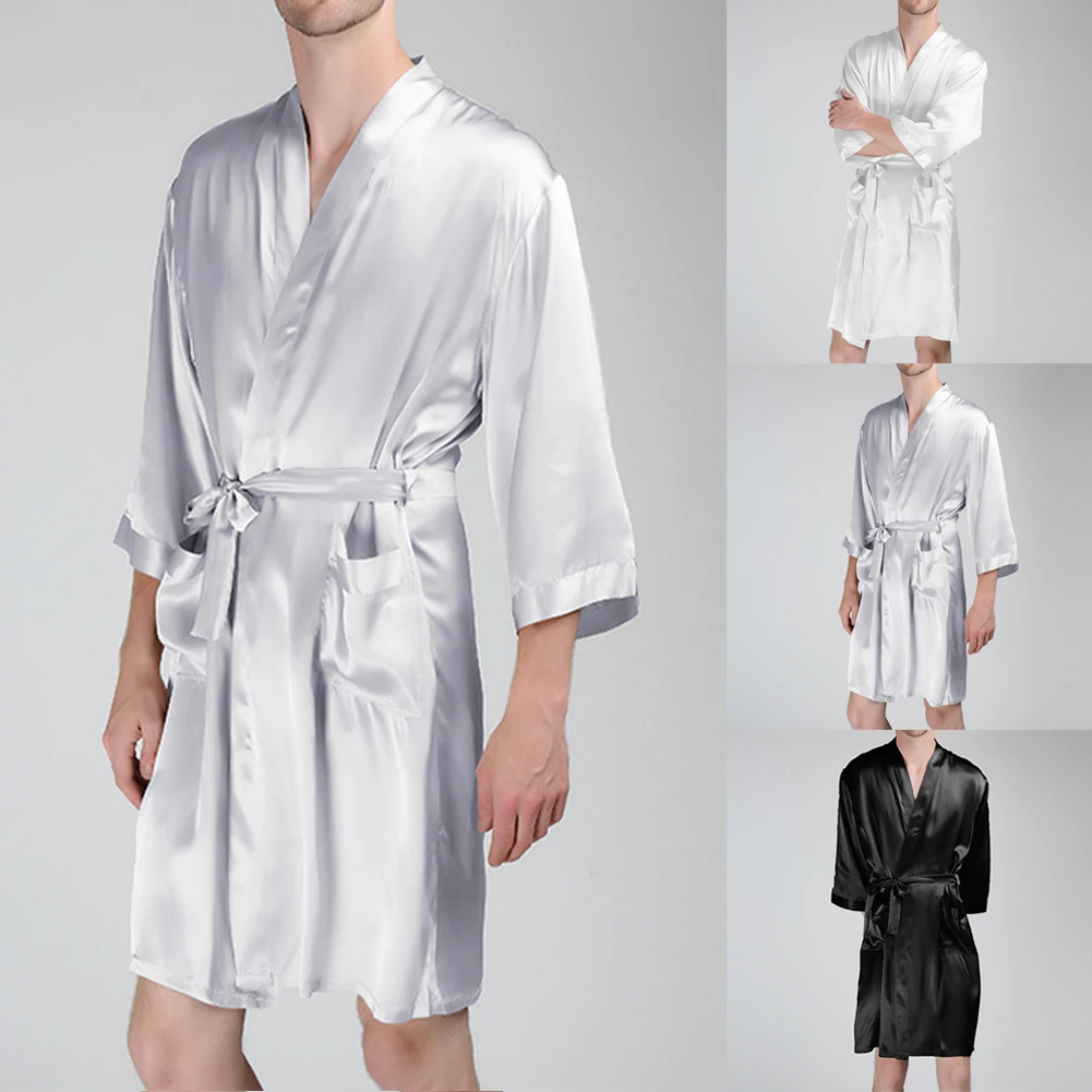 

Men Dressing Gown Artificial Silk Bathrobes Summer Long Sleeve Homewear Ice Silk Pajamas Bathrobe Mens Robes Long Kimono