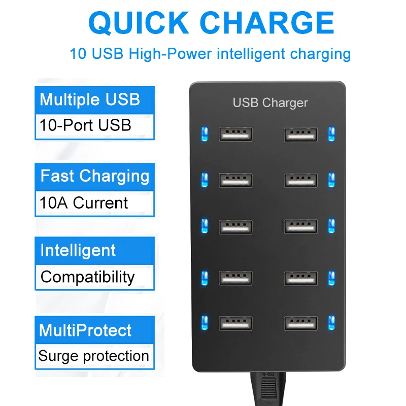 

Зарядная док-станция, 10 портов USB, 10 портов, мобильный телефон, настольная, настенная, быстрая зарядка, адаптер, Европейская, Британская вилка